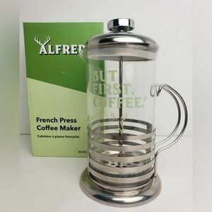 Alfred Stainless Steel & Clear Glass French Press with 'But First, Coffee'